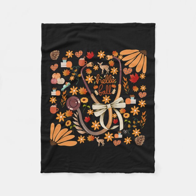 Hello Fall Stethoscope Nurse Boho Floral Health Ca Fleece Blanket (Front)