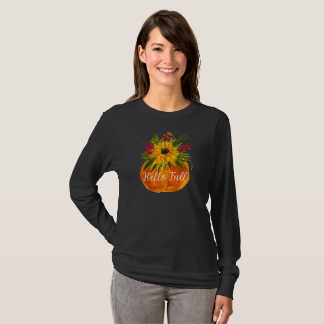 Hello Fall Sunflowers Pumpkin Autumn Rustic T-Shirt (Front Full)