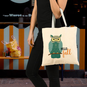 Hello Fall Teal Owl Animal Design Tote Bag