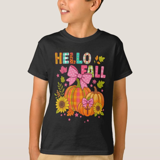 Hello Fall Thanksgiving Coquette Boho Floral Fall  T-Shirt (Front)