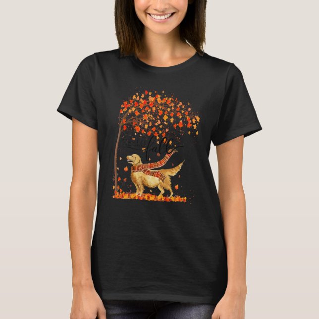 Hello Fall Tree Thanksgiving Dog  Golden Retriever T-Shirt (Front)