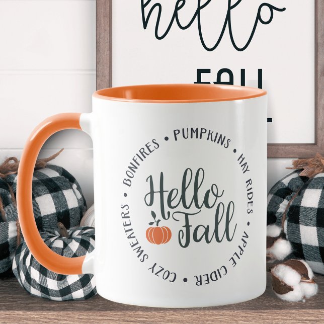 Hello Fall Two-Toned Mug (Hello Fall Two-Toned Mug.  Bonfires, Pumpkins, Hay Rides, Apple Cider, Cozy Sweaters.)