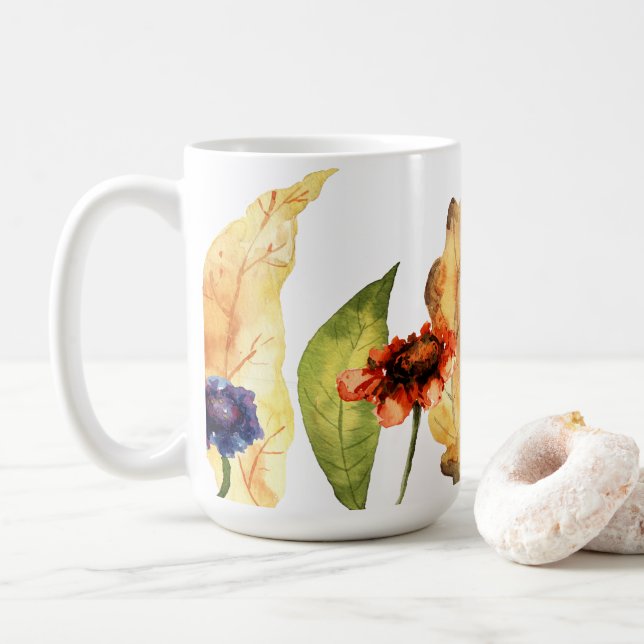 Hello Fall | Typography | Autumn Floral & Leaves Coffee Mug (With Donut)