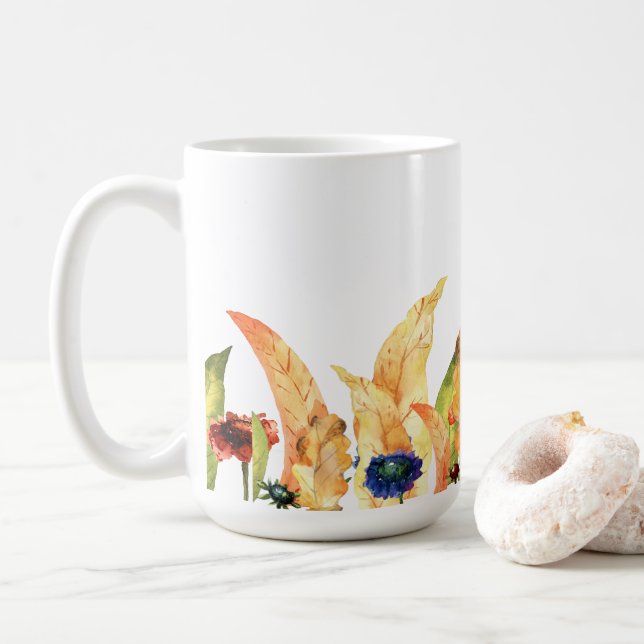 Hello Fall | Typography | Autumn Floral & Leaves Coffee Mug (With Donut)