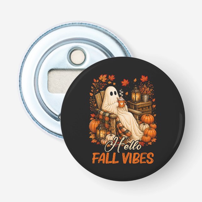 Hello Fall Vibes Ghost Cute Autumn Pumpkin Bottle Opener (Front)