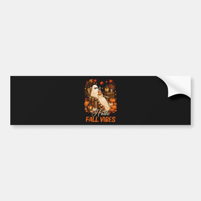 Hello Fall Vibes Ghost Cute Autumn Pumpkin Bumper Sticker (Front)