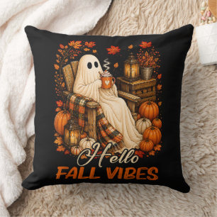 Hello Fall Vibes Ghost Cute Autumn Pumpkin Cushion