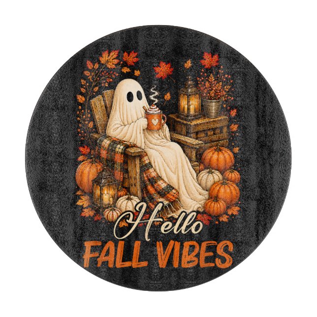 Hello Fall Vibes Ghost Cute Autumn Pumpkin Cutting Board (Front)