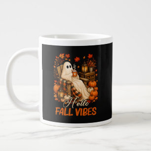 Hello Fall Vibes Ghost Cute Autumn Pumpkin Large Coffee Mug
