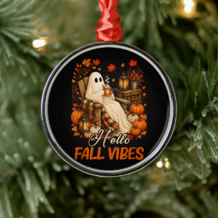 Hello Fall Vibes Ghost Cute Autumn Pumpkin Metal Tree Decoration