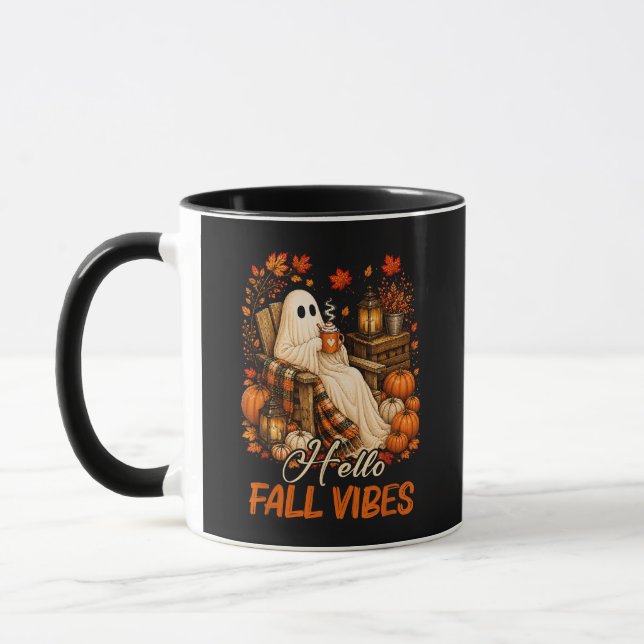 Hello Fall Vibes Ghost Cute Autumn Pumpkin Mug (Left)
