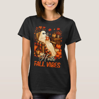 Hello fall vibes ghost cute autumn pumpkin spooky T-Shirt