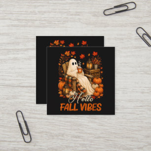 Hello Fall Vibes Ghost Cute Autumn Pumpkin Square Business Card
