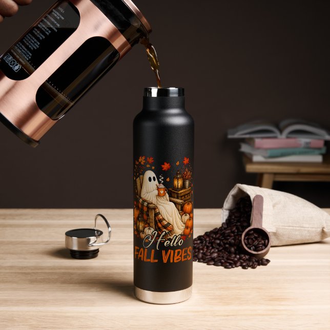 Hello Fall Vibes Ghost Cute Autumn Pumpkin Water Bottle (Coffee (Rotated))