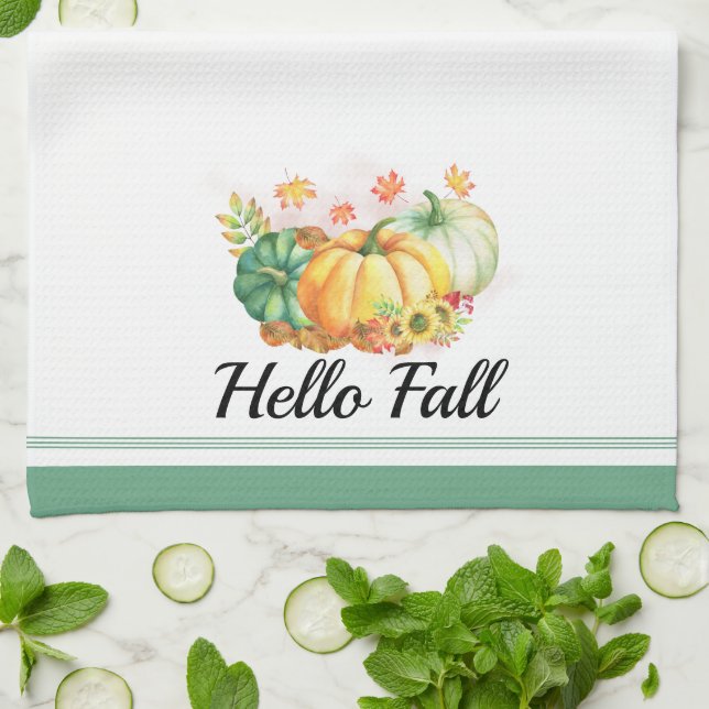 Hello Fall Watercolor Pumpkins Thanksgiving Tea Towel (Folded)