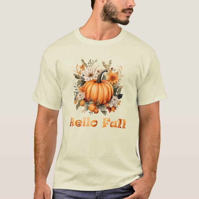 Hello Fall watercolor wildflowers autumn leaves T-Shirt (Front)