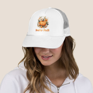 Hello Fall watercolor wildflowers autumn leaves Trucker Hat