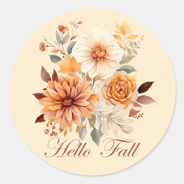 Hello fall Watercolor wildflowers leaves autumn Classic Round Sticker (Front)
