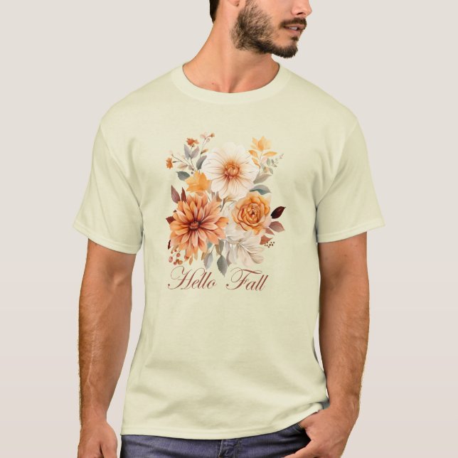 Hello fall Watercolor wildflowers leaves autumn T-Shirt (Front)