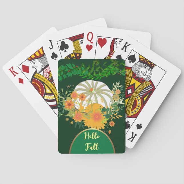Hello Fall White Pumpkin Greenery Foliage Vibrant  Playing Cards (Back)