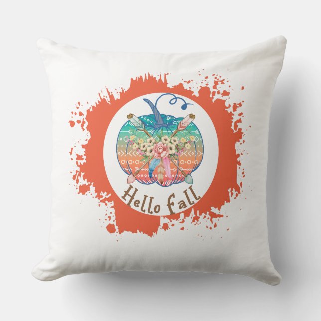 Hello Fall with Colourful Pumpkins Cushion (Front)