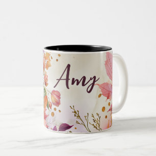 Hello Fall with flowers and name Two-Tone Coffee Mug