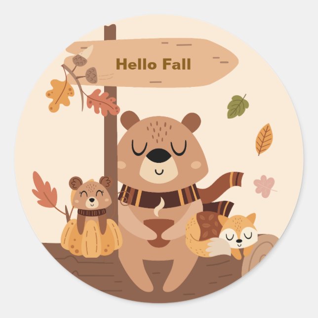 Hello Fall – Woodland Animals Autumn  Classic Round Sticker (Front)