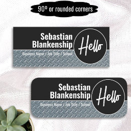 Hello Faux Diamond Plate Professional Name Tag