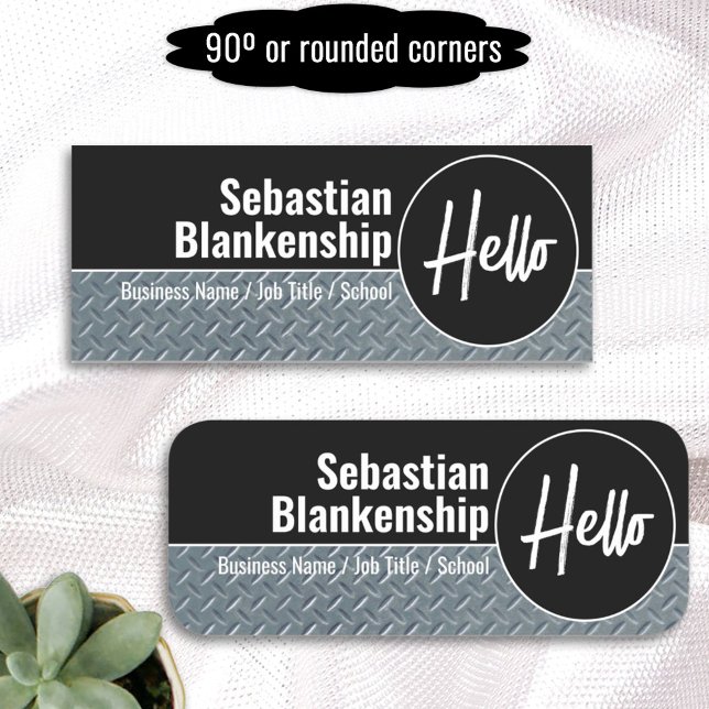 Hello Faux Diamond Plate  Professional   Name Tag (It's easy to personalize this diamond plate name tag design for you, your club, business or school.)