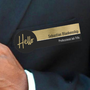 Hello Faux Metallic Professional Black Gold Name Tag