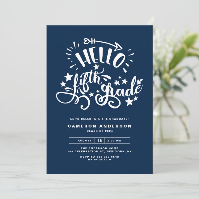 Hello Fifth Grade | Blue Fourth Grade Graduation Invitation (Standing Front)