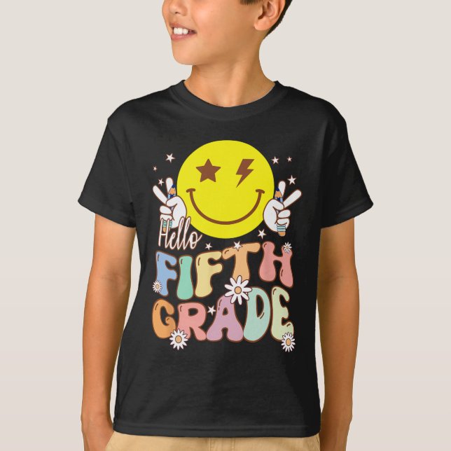 Hello Fifth Grade Hippie Smile Face 5th Grade Back T-Shirt (Front)