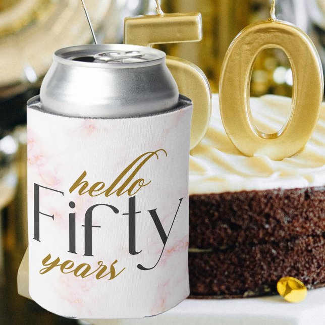 Hello Fifty 50th Birthday Chic Black and Gold Can Cooler (Creator Uploaded)