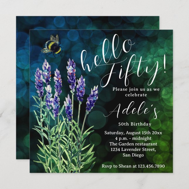 Hello fifty, 50th birthday Lavender watercolor  Invitation (Front/Back)