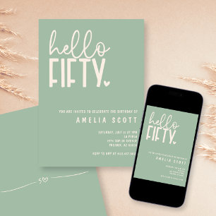 Hello Fifty 50th Birthday Modern Sage Minimal Invitation