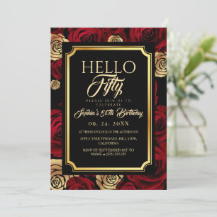 Hello Fifty Black Burgundy Rose Birthday Invitation