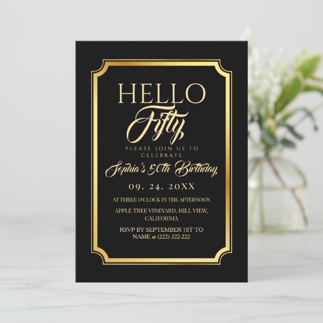 Hello Fifty Black Gold 50th Birthday Invitation (Standing Front)