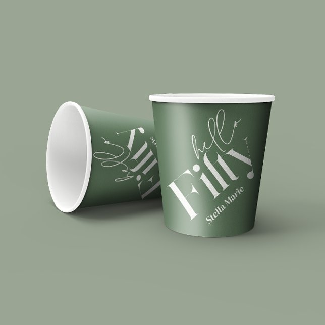Hello fifty modern minimal green 50th birthday paper cups (Creator Uploaded)