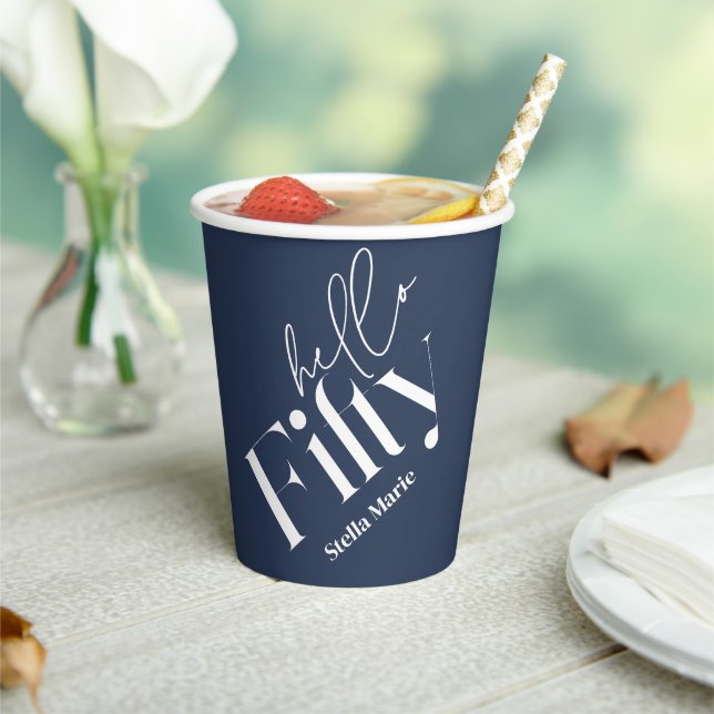 Hello fifty modern minimal navy blue 50th birthday paper cups (Insitu)