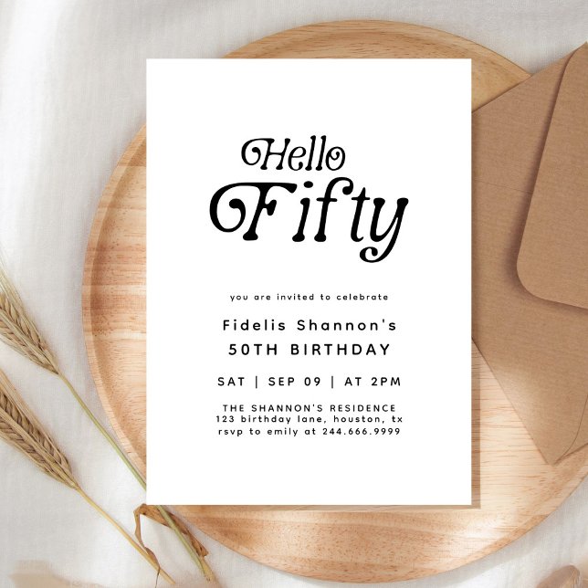 Hello Fifty Modern Retro 50th Birthday  Invitation (Creator Uploaded)