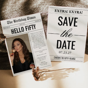 Hello Fifty Photo Newspaper 50th Birthday Invitation