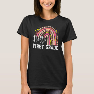 Hello First Grade 1st Grade Rainbow Leopard Back T T-Shirt