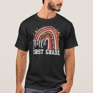 Hello First Grade 1st Grade Rainbow Leopard Back T T-Shirt