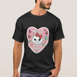 Hello First Grade 1st Grader Girl Kitten Cat Back  T-Shirt