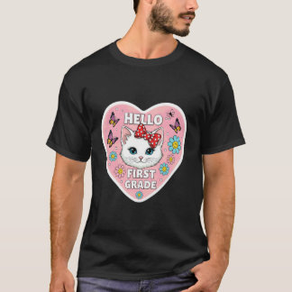 Hello First Grade 1st Grader Girl Kitten Cat Back  T-Shirt