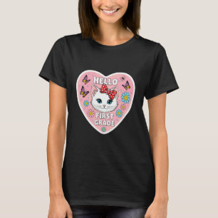 Hello First Grade 1st Grader Girl Kitten Cat Back  T-Shirt