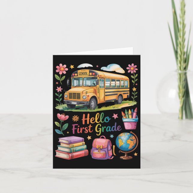 Hello First Grade Back To School Bus Backpack Teac Card (Front)