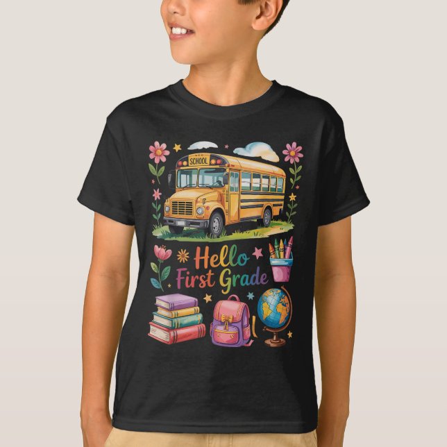 Hello First Grade Back To School Bus Backpack Teac T-Shirt (Front)