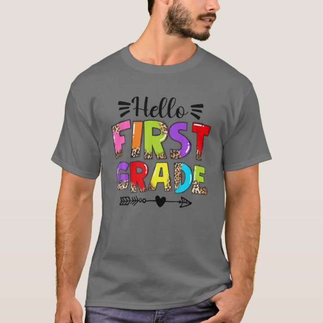 Hello First Grade Back To School Leopard Student K T-Shirt (Front)