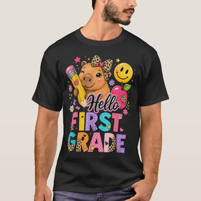 Hello First Grade Capybara Leopard Bow Back To T-Shirt (Front)